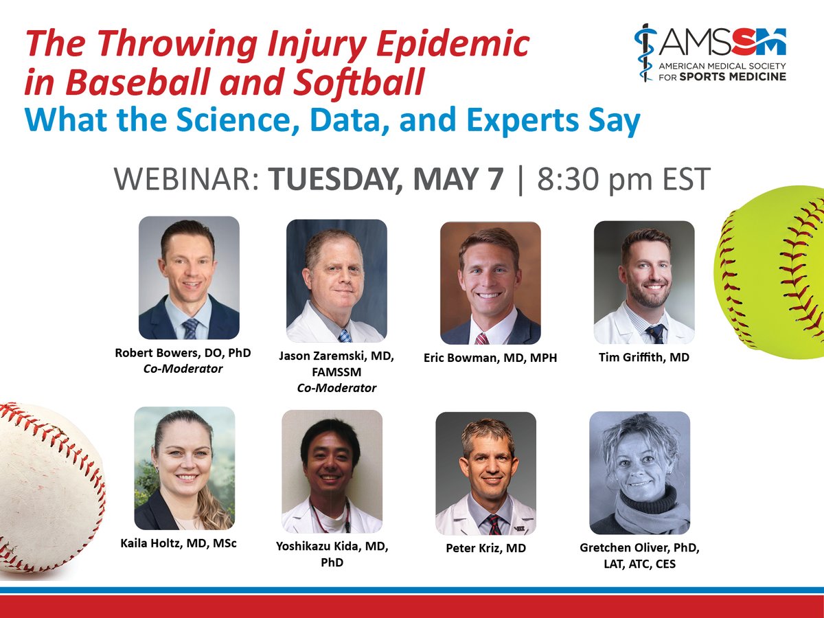 ‼️ JUST ANNOUNCED ‼️ 2⃣ weeks from today, make plans to join an international panel of experts for a webinar on the Throwing Injury Epidemic in Baseball and Softball: What the Science, Data, and Experts Say. 🗓️ Tuesday, May 7 ⏰ 8:30 pm ET 🔗 bit.ly/AMSSMWebinar