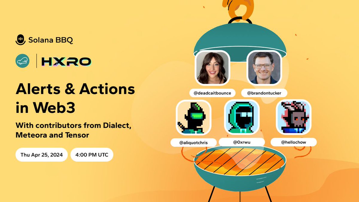 The next Solana BBQ has an A-List of founders talking about the future of Web-3 alerts.

📅 Thurs, Apr 25, 4pm UTC

Join <a href="/aliquotchris/">Chris | Dialect</a>, <a href="/hellochow/">benchow.sol</a> and <a href="/0xrwu/">Richard | Tensor (prompt/acc)</a> to hear what they're building.

Co-sponsored with <a href="/HxroNetwork/">HxroNetwork</a>

👉Set reminder &amp; tune in here: x.com/i/spaces/1PlKQ…
