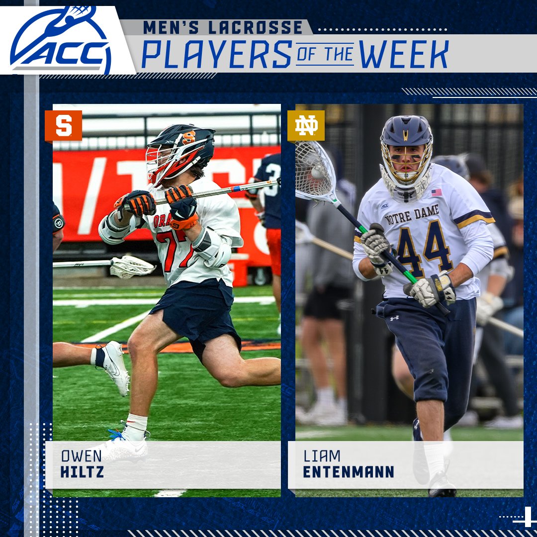 Men's Lacrosse Players of the Week 🥍 Owen Hiltz, @CuseMLAX Liam Entenmann, @NDlacrosse 📰 theacc.co/MLAXpotw12