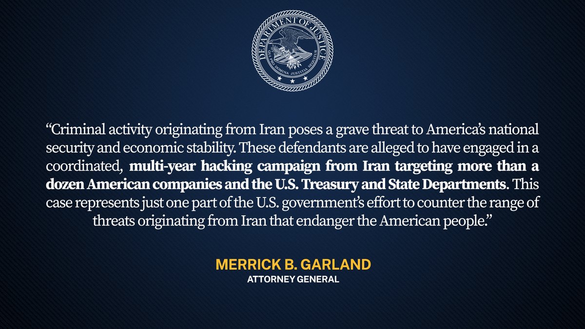 Justice Department Charges Four Iranian Nationals for Multi-Year Cyber Campaign Targeting U.S. Companies During the Course of the Conspiracy, One Defendant Also Worked for an IRGC Electronic Warfare and Cyber Defense Unit 🔗: justice.gov/opa/pr/justice…