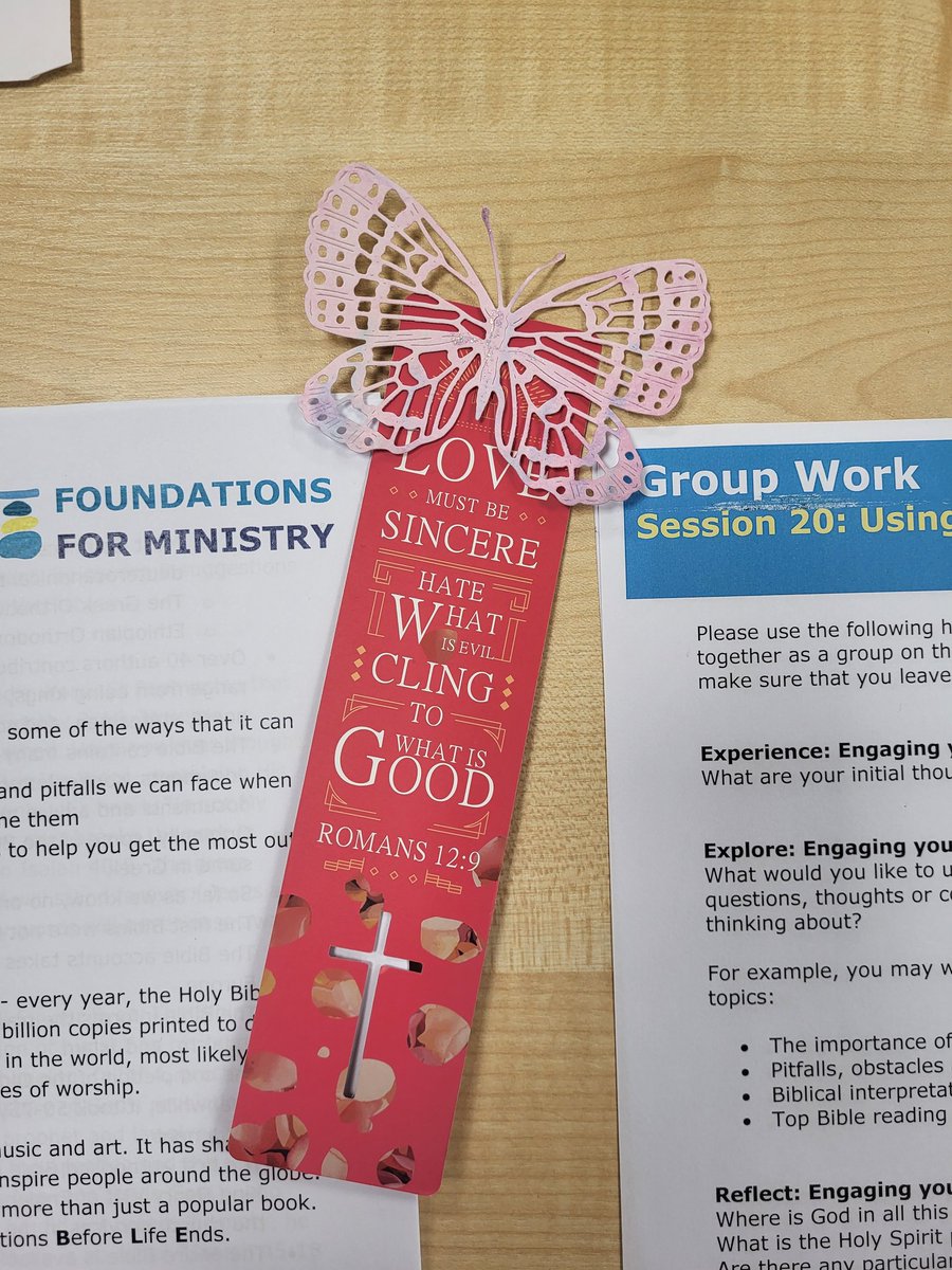 As our Foundations for Ministry course enters the final few weeks, one of the participants made a butterfly bookmark for everyone this evening to remind us all of the beautiful journey of faith that we are on.