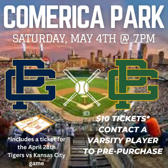 We are looking forward to our annual game @ComericaPark on May 4 & this is the 1st time since ‘17 that it will be a matchup w @GPNorthBaseball, which is extra special for all parties. Please see a varsity player for a GREAT ticket deal that also includes a @tigers game!