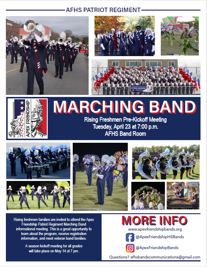 Rising freshman and their families - come tonight for a pre-kick off meeting and learn all there is to know about joining the AFHS Patriot Regiment! We'll be in the band room -- students will be on hand to guide you. <a href="/_BPittman/">Brian Pittman</a> <a href="/AFHSannounce/">AFHS_Announcements</a>