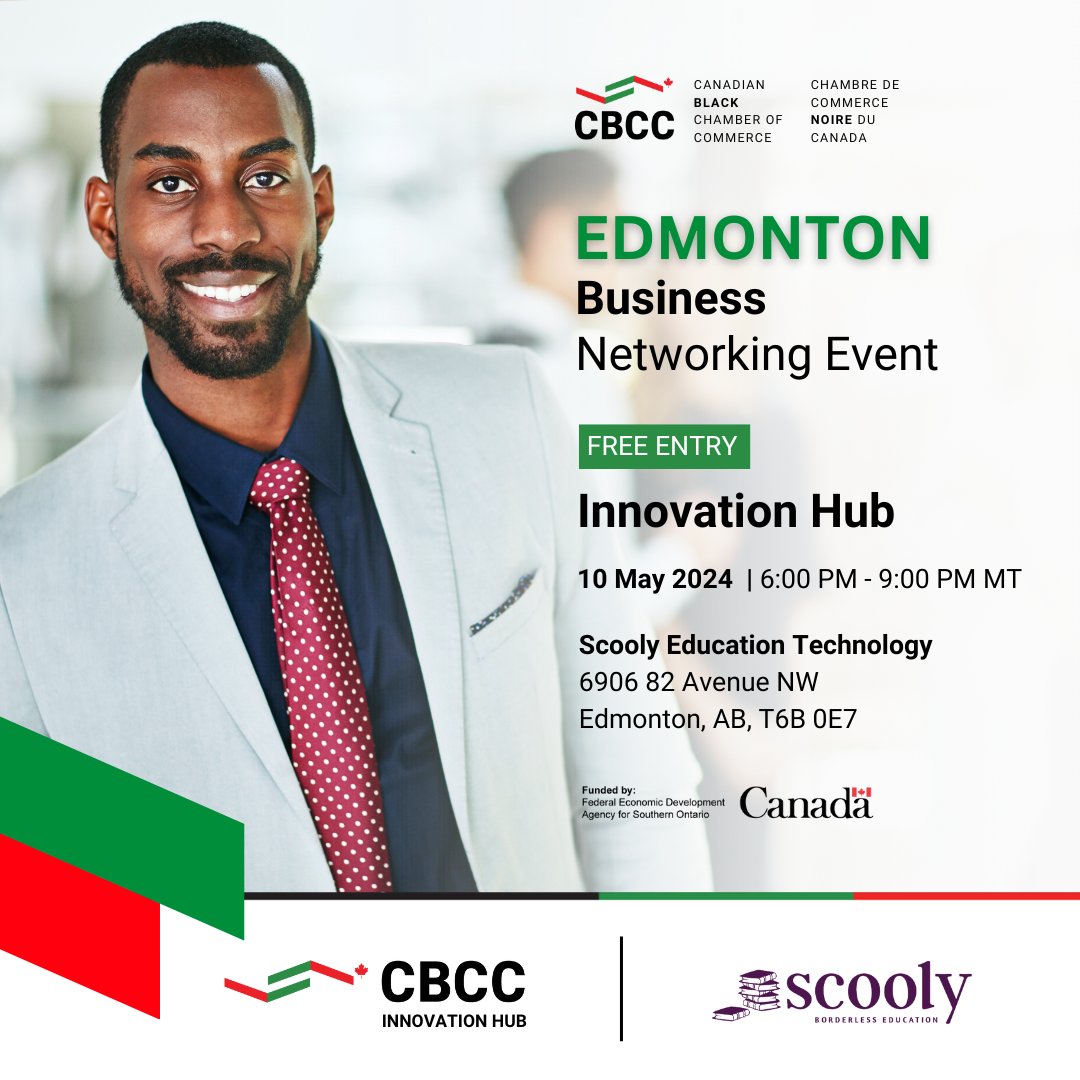 Calling all Edmonton-based entrepreneurs and creatives! Join us on May 10, from 6:00 p.m. to 9:00 p.m. MT at Scooly Education Technology. The Edmonton Innovation Hub is hosting its first Business Networking Event.for a night of community building #BlackBusiness #Edmonton