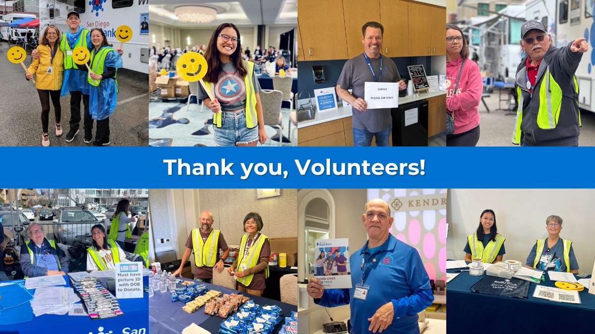 Thank you, #volunteers, for sharing your time, talents, and gifts with us! We are endlessly grateful for you and the impact you make every single day. We love our amazing @sdbloodbank volunteers! 🌟 /3 #VolunteerAppreciationMonth #Gratitude