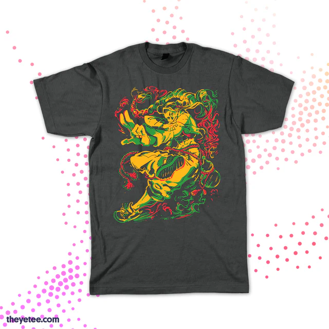 When facing the lightning fast Jamie, it's drink up or shut up! The drunken master unleashes his moves on a new tee designed by @HeyHelloWinter in our official @StreetFighter collection! Available now: 🫖 theyetee.com/streetfighter