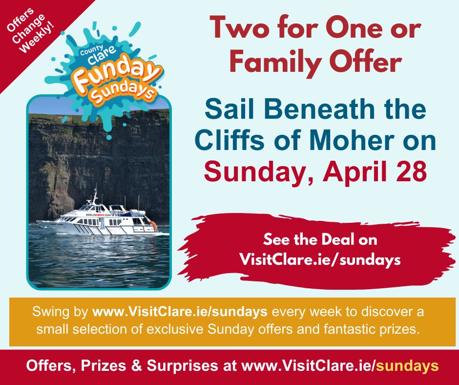 Sail beneath the Cliffs of Moher with Doolin Ferry Co 💛💙 And witness their grandeur from a unique vantage point, the sea, as part of this special Funday Sunday, two-for-one deal or a family of four 50% off This is an unforgettable adventure! For details VisitClare.ie/Sundays