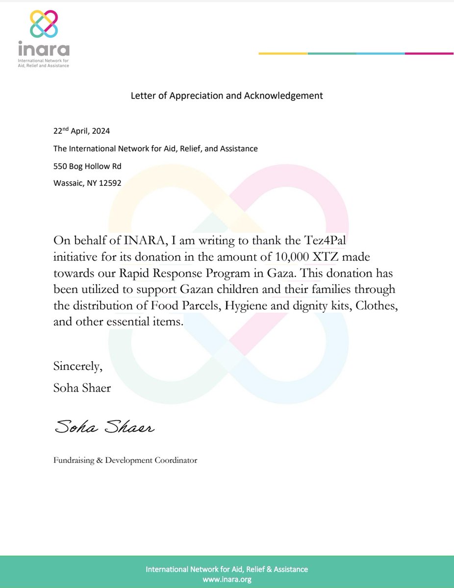 Thank you once more to all the artists and collectors who took part in the #Tez4Pal fundraiser. Today, we're grateful to share that we've received a letter from @INARAorg - 10,000 Tezos (approximately 10,000 USD) has been raised to support emergency response efforts in Gaza.