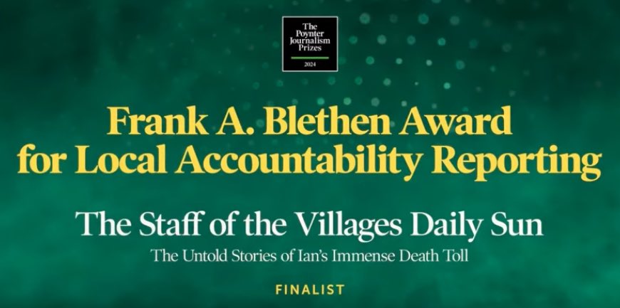 Grateful to see @Poynter judges recognize the journalism behind “The Untold Stories of Ian’s Immense Death Toll” that accounted for all 172 lives lost, documented government missteps, the recovery/rebuild hurdles and potential solutions for future #Hurricanes. Thanks to Poynter…