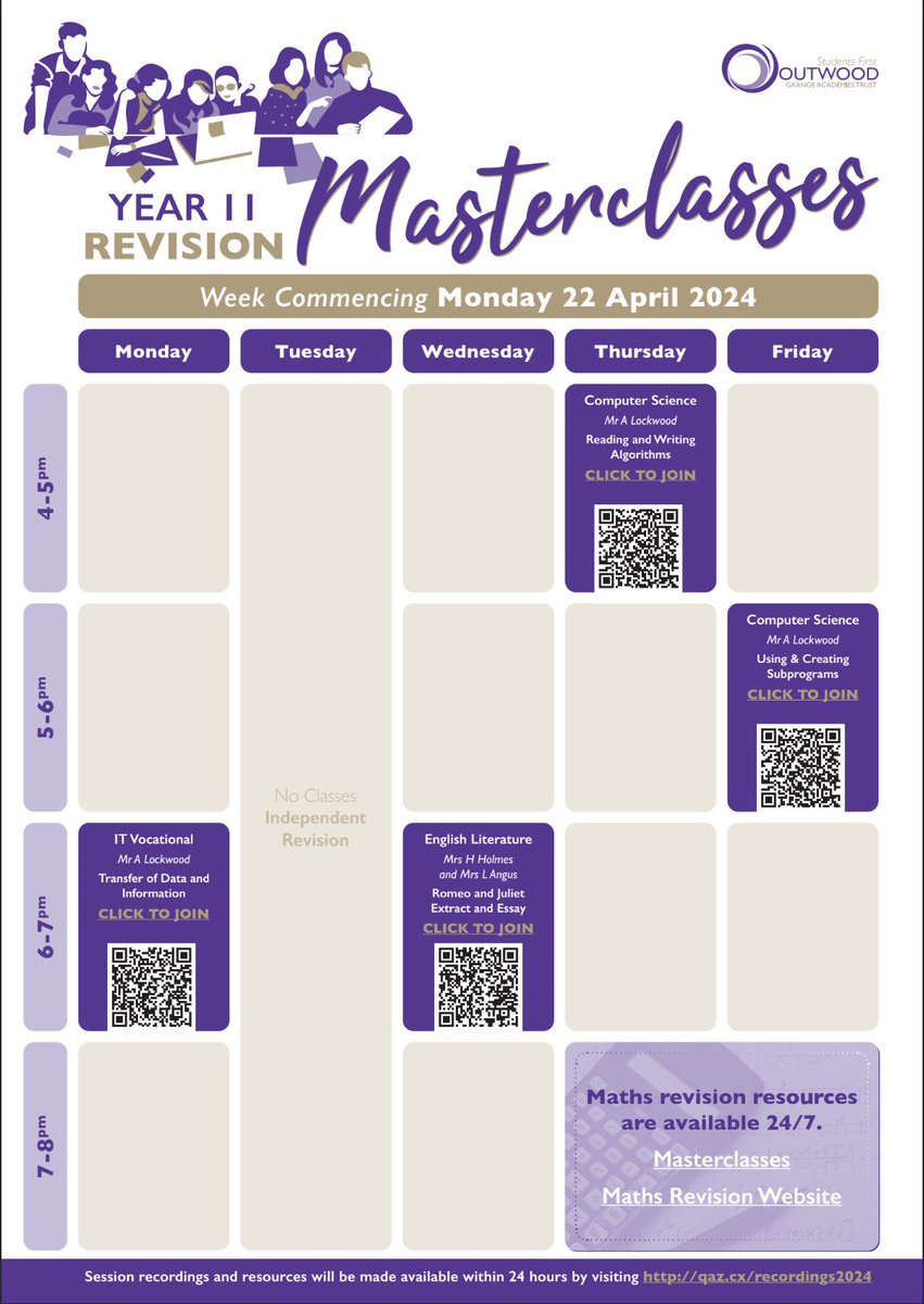 📣 Calling all year 11’s … please see the timetable for revision masterclasses available this week 💜 Please use this link to access recordings of the session: qaz.cx/recordings2024