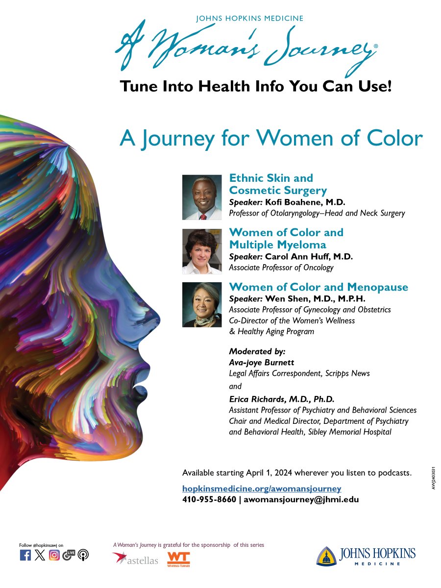 The @HopkinsMedicineA ‘Healthy Insights that Matter’ podcast by Lillie Shockney is posted the first Thursday of each month. Check out the "Journey for Women of Color Series" this April, covering topics like skin health, #cancer, and #menopause: ow.ly/hhJr50RgAqx