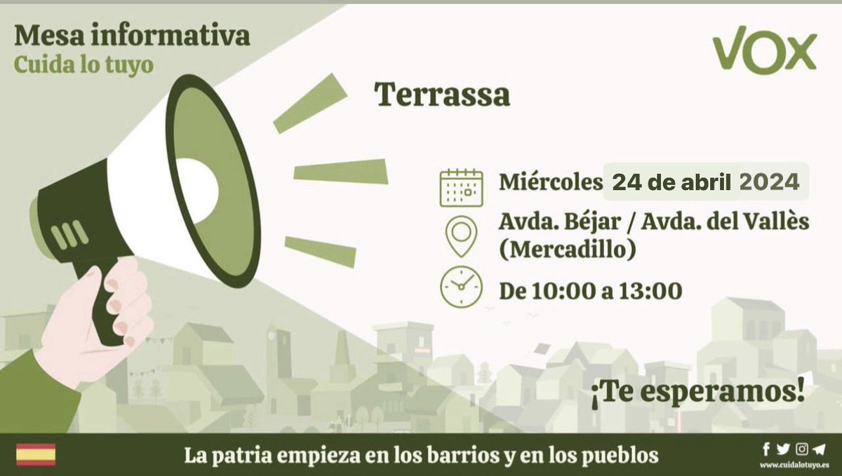 VoxTerrassa's tweet photo. ¡Mañana volvemos al mercadillo!
Nos vemos, de 10:00 a 13:00, al final de la Avda. Bejar, casi llegando a La Riera.
#CuidaTerrassa #EnDefensaPropia #LaTerrassaDeAlicia https://t.co/dLgZaSj3eP