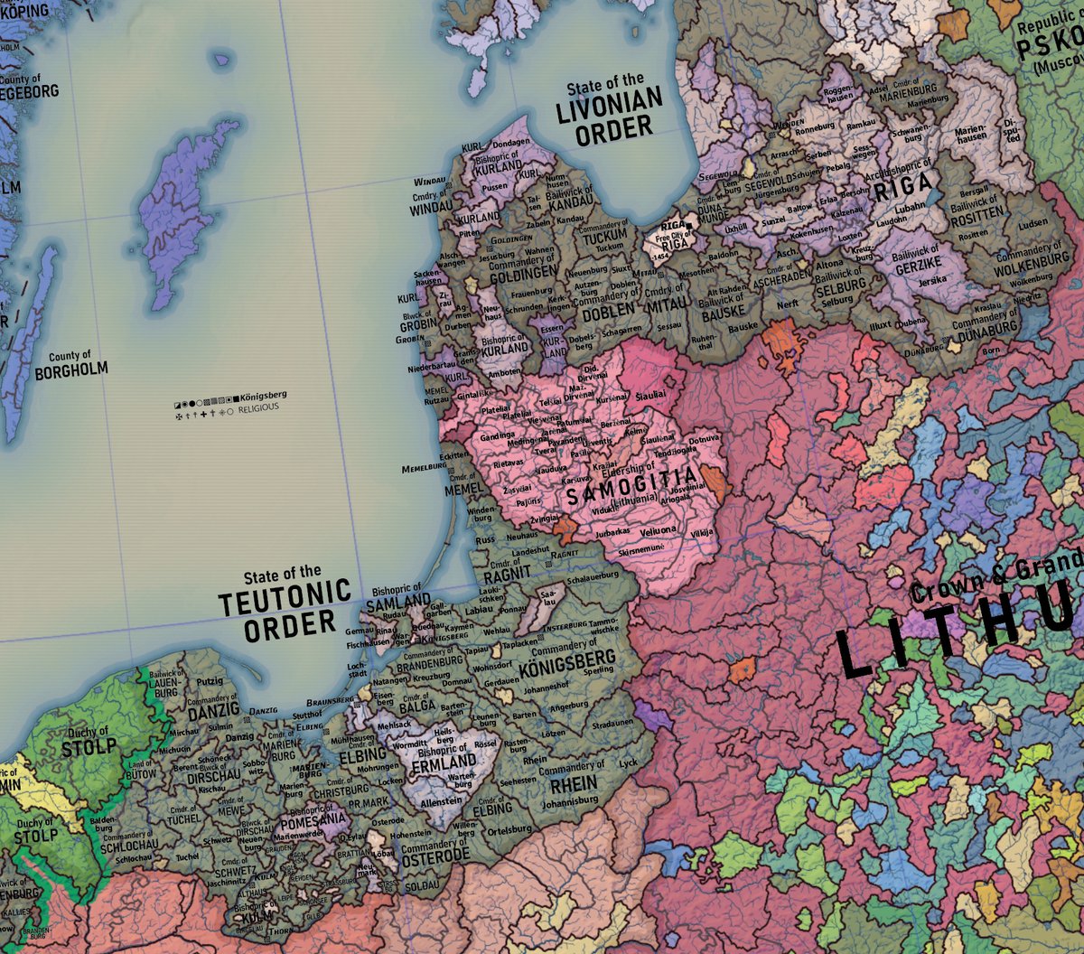 RRatkus's tweet image. doing the text bit of the new 1444 Europe map - i decided to go with a more 19th century style in which the map is covered with a wall of placenames. artsy shields to be added later. classic styling as well.