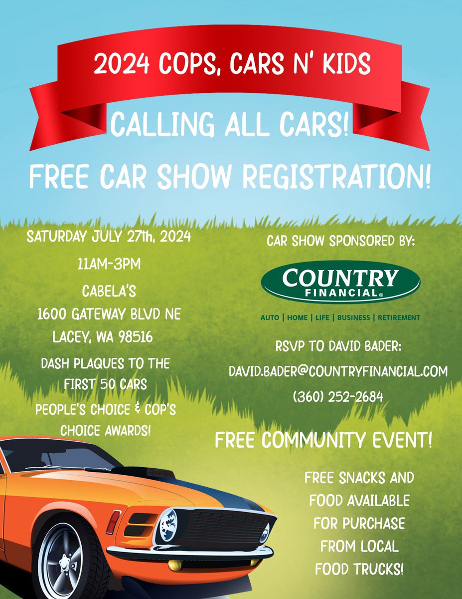 📢CALLING ALL CAR SHOW ENTHUSIASTS! Our Cops, Cars N Kids event will be BACK again this summer! To register, contact David Bader: david.bader@countryfinancial.com or (360) 252-2684. The first 5️⃣0️⃣ to register get a dash plaque! #CoolCars #CarShow #CommunityEvent #CCNK #LaceyPD