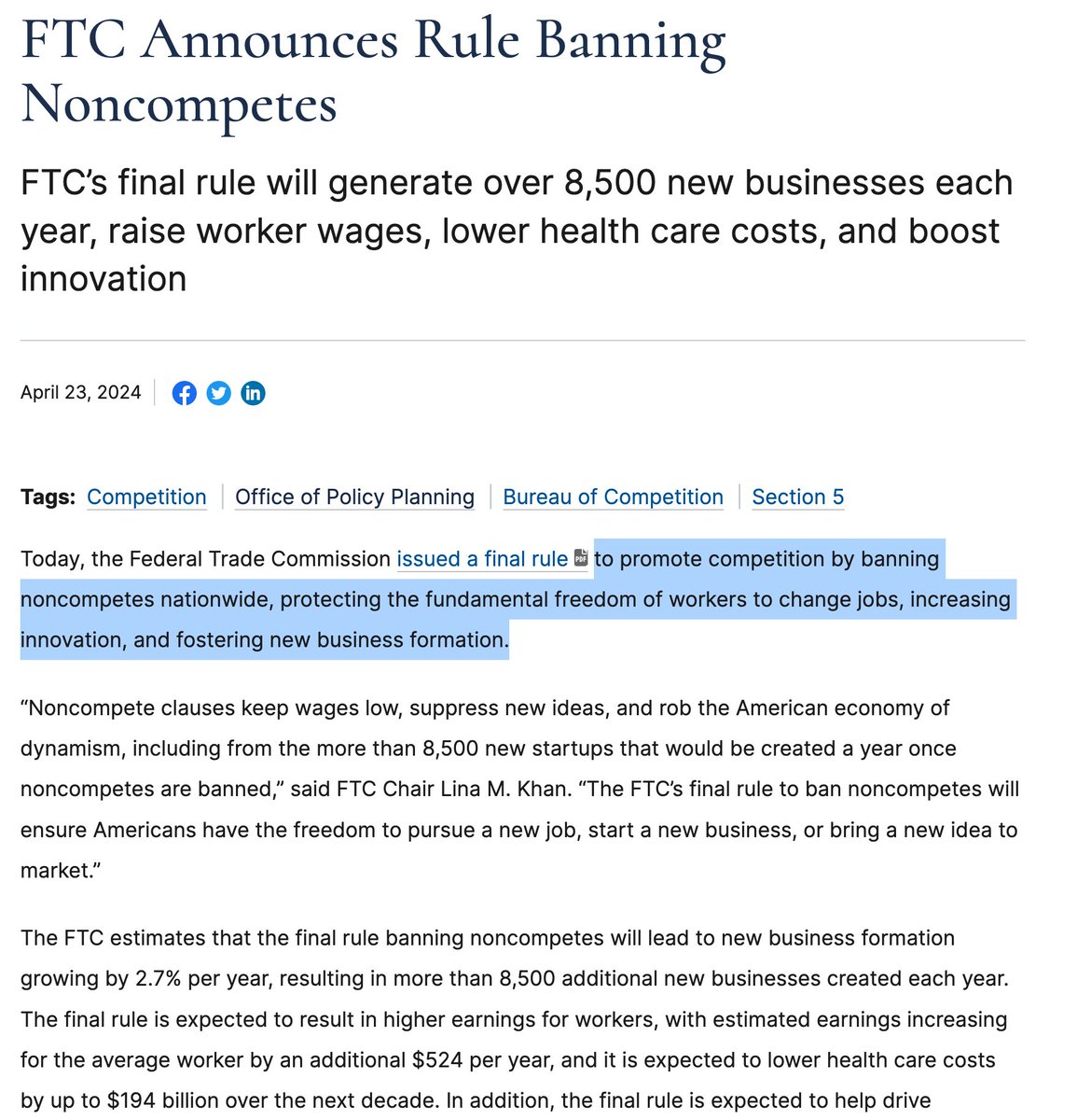 GergelyOrosz's tweet image. Huge news for anyone working in tech in the US.

Noncompetes are now banned: not just in California (like before), but nationwide. Very, very relevant for anyone at Amazon (which is the Big Tech that has enforced noncompetes even for low-level engineering positions).