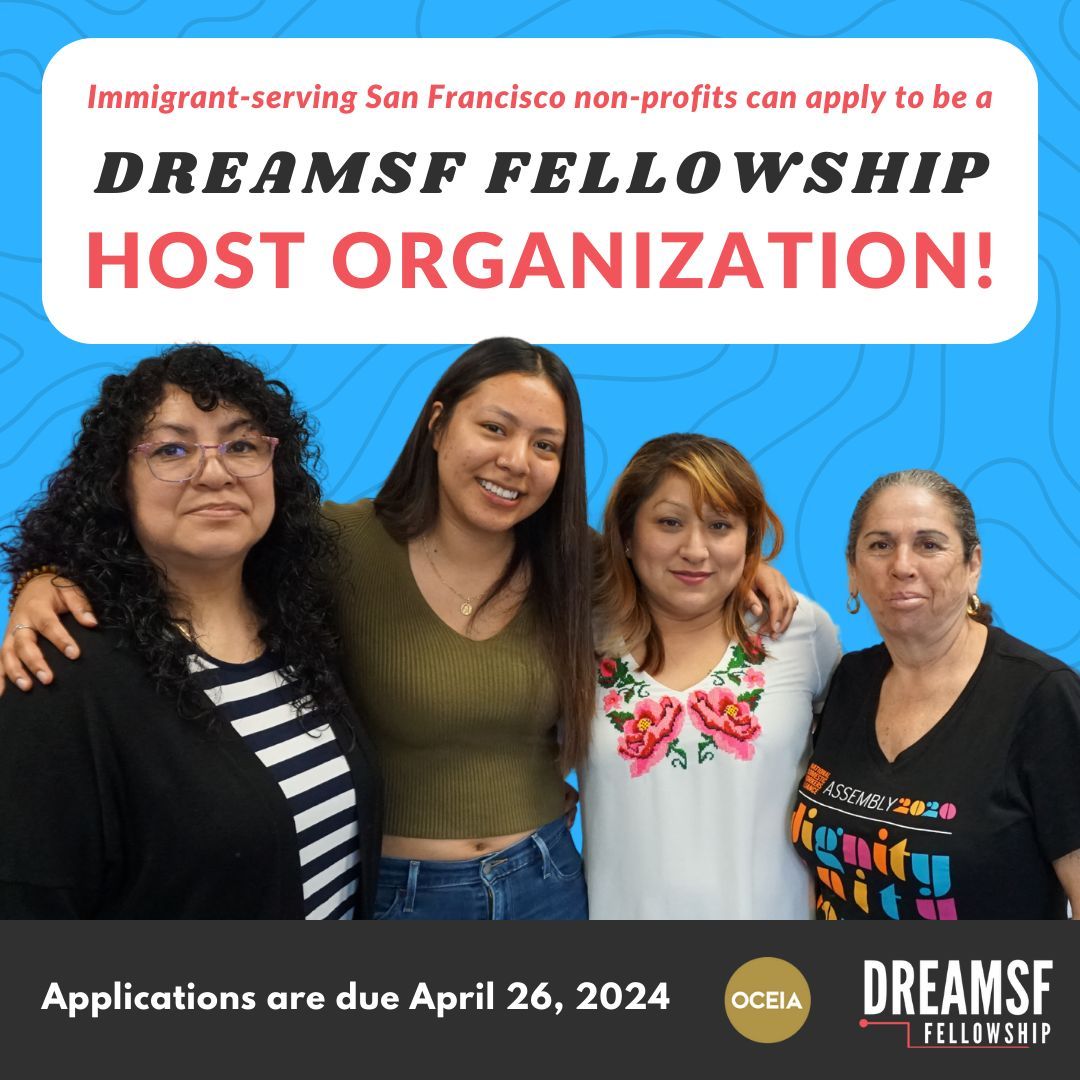 Immigrant-serving San Francisco non-profits can apply to be a #DreamSF Fellowship Host Organization! Host Organization applications are due THIS Friday, April 26, 2024 and will be considered for the next fellowship cycle. Learn more and apply: sf.gov/apply-host-dre…