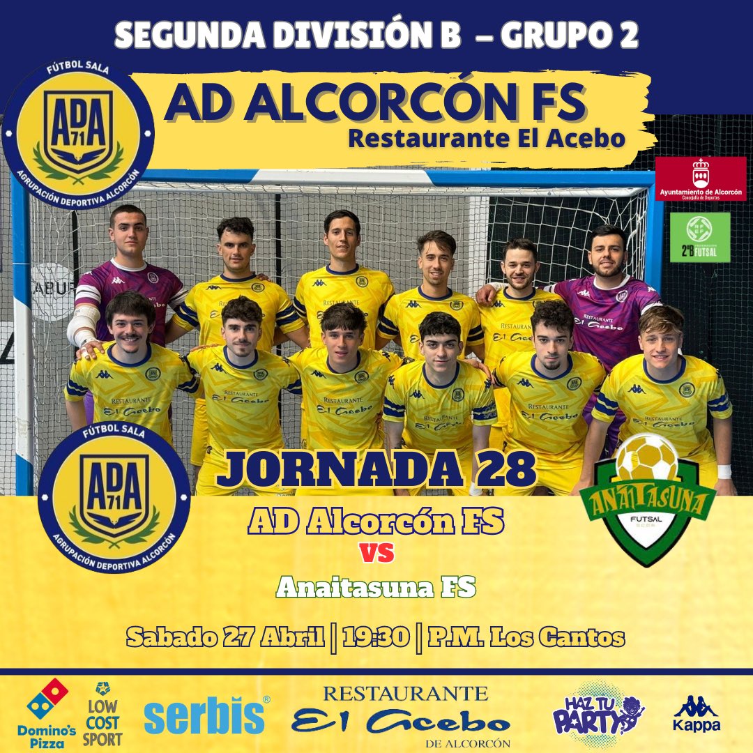 | PRIMER EQUIPO |   

Penúltimo partido del #PrimerEquipo en casa que tras la derrota por la mínima de la pasada jornada buscarán volver al +3  

🆚@anaitasunafs
📅  Sábado 27 abril
⌚️ 19:30 
🏟️ P.M. Los Cantos

#123Alcorcón 
#ConelCorazónenlaPista💛 
#Sentimiento_Alfarero