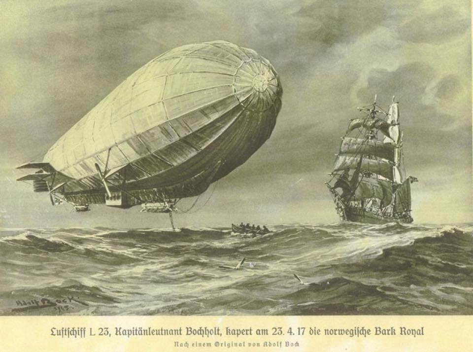 #OTD in 1917, the German Zeppelin L 23 captured the Norwegian ship Royal in the North Sea. The Zeppelin had dropped warning bombs that caused the Norwegians to abandon ship, then lowered a prize crew who seized the Royal and sailed it to Germany.