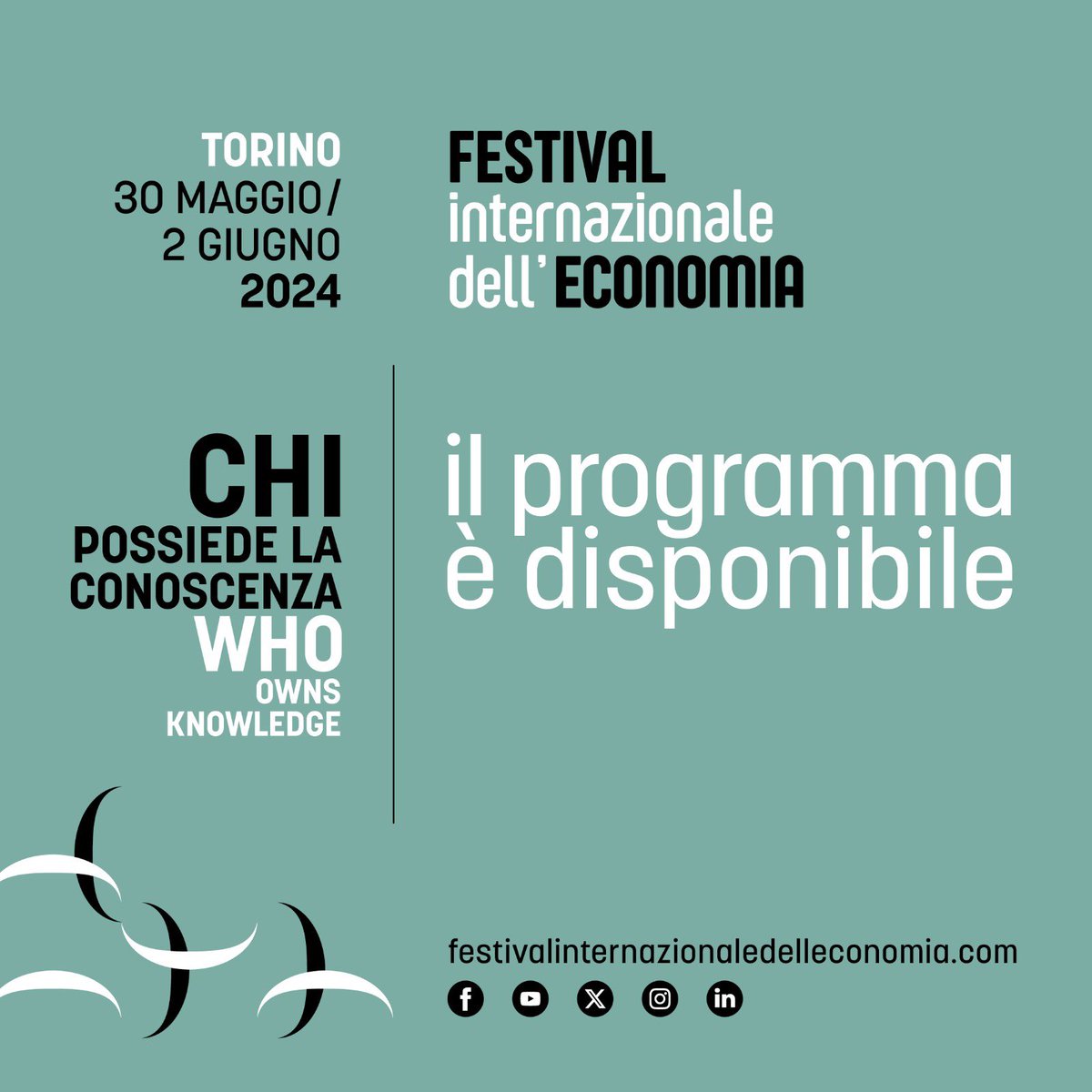 Il programma del #FIE24 è ora disponibile! 👉 Scoprilo sul sito: festivalinternazionaledelleconomia.com/programma/ Vi aspettiamo a #Torino dal 30 maggio al 2 giugno 2024 - Chi possiede la #Conoscenza - @editorilaterza @CollegioCA #TOLC @Tboeri