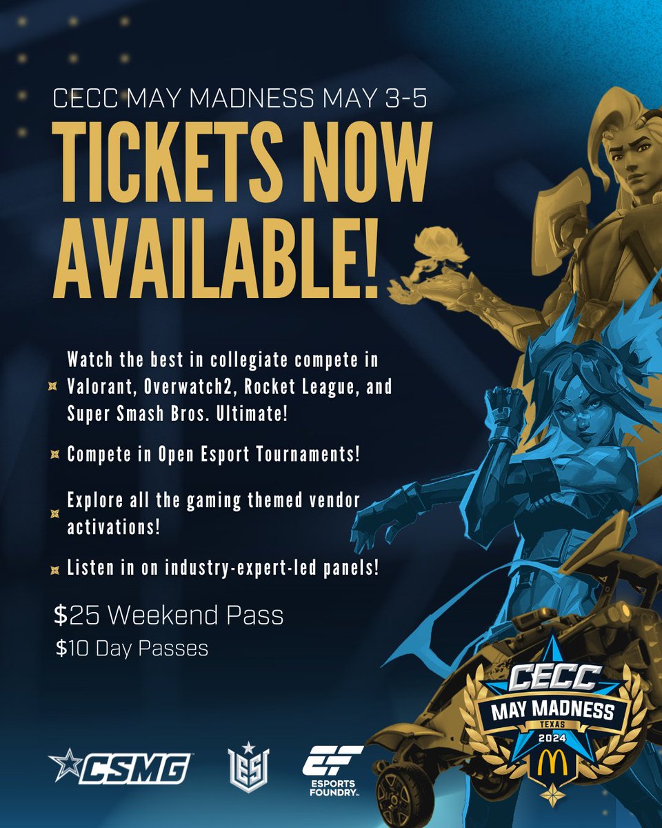 EsportsU (@esportsugaming) on Twitter photo ποΈπππ πππΎππππ πππ!ποΈ
CECCTexas2024 presented by <a href="/McDonalds/">McDonald's</a> of North Texas tickets are now on sale! If your parents, friends, or grandparents are coming to watch you play, then send them this link: tixr.com/groups/esa/eveβ¦
<a href="/collegiatesmg/">Collegiate Sports Management Group (CSMG)</a> <a href="/esports_foundry/">Esports Foundry</a> #esports ποΈπππ πππΎππππ πππ!ποΈ
CECCTexas2024 presented by <a href="/McDonalds/">McDonald's</a> of North Texas tickets are now on sale! If your parents, friends, or grandparents are coming to watch you play, then send them this link: tixr.com/groups/esa/eveβ¦
<a href="/collegiatesmg/">Collegiate Sports Management Group (CSMG)</a> <a href="/esports_foundry/">Esports Foundry</a> #esports