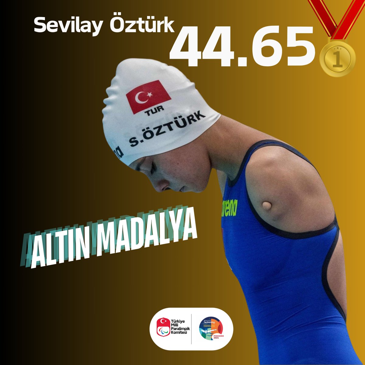 Ve altın geldi 🥇 50 Metre Kelebek Kadınlarda S5 kategoride Sevilay Öztürk 44.54 lük derecesiyle Avrupa Şampiyonu oldu