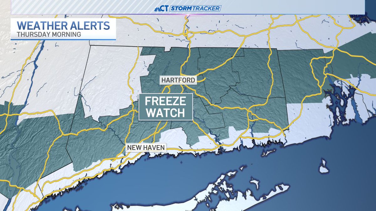 A Freeze Watch is in effect for most of the state for Thursday morning. Temperatures will drop into the upper 20s and low 30s in some towns.