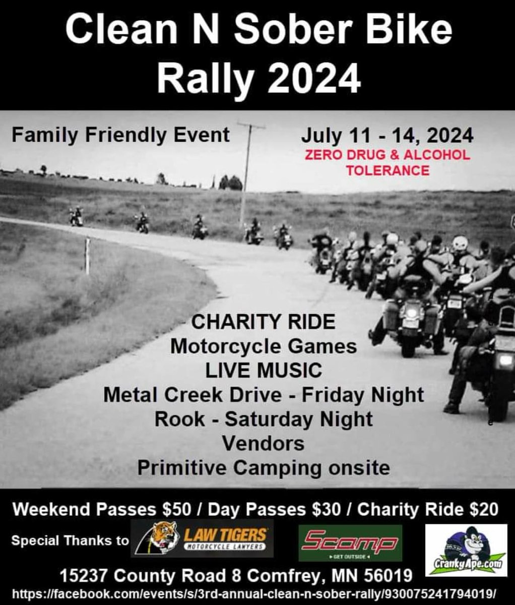 Clean and Sober Bike Rally July 11-14 in Comfrey, MN. Live music, bike games, camping and more
#motorcyclerally #bikerrally #biker #bikerlife #motorcycle #motorcyclist #livemusic #minnesota