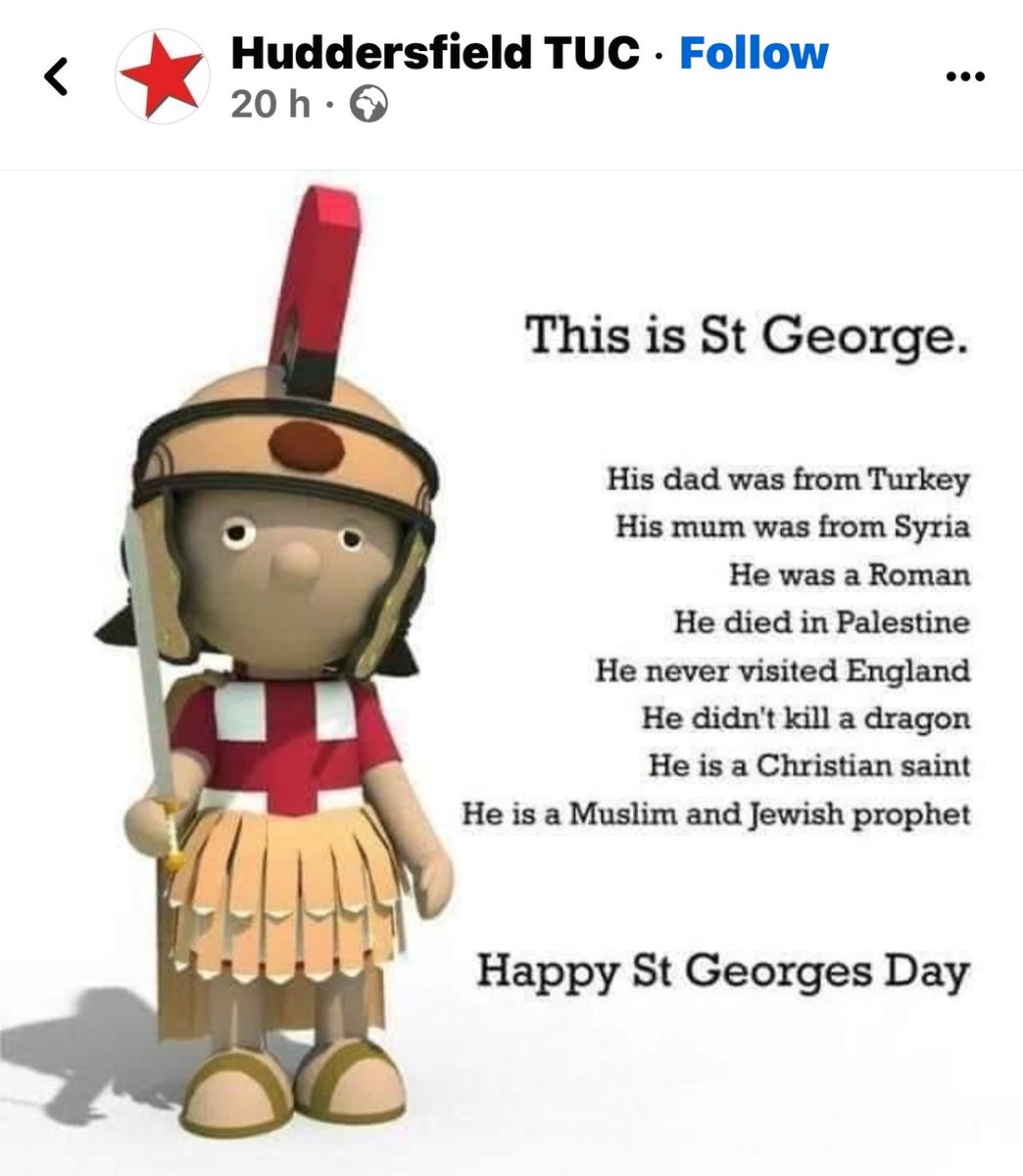 Someone shared this on Facebook @The_TUC - interesting that your Huddersfield branch feel they can ascribe #StGeorge to being a Jewish and Muslim prophet. Would love to know who taught the author #RE at school. Might I suggest they enrol to attend this? eventbrite.co.uk/e/contextualis…