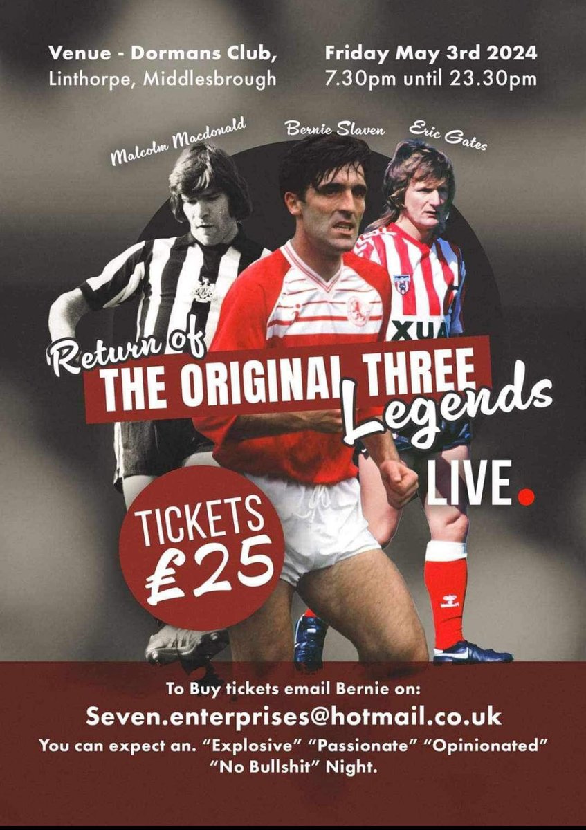 This Friday I’ll be having a chat with former Boro + Man Utd star Gary Pallister in the Dovecot, then the following Friday I’ll be joining up with former Newcastle Utd and Arsenal star Malcolm MacDonald and Ipswich + Sunderland star Eric Gates.