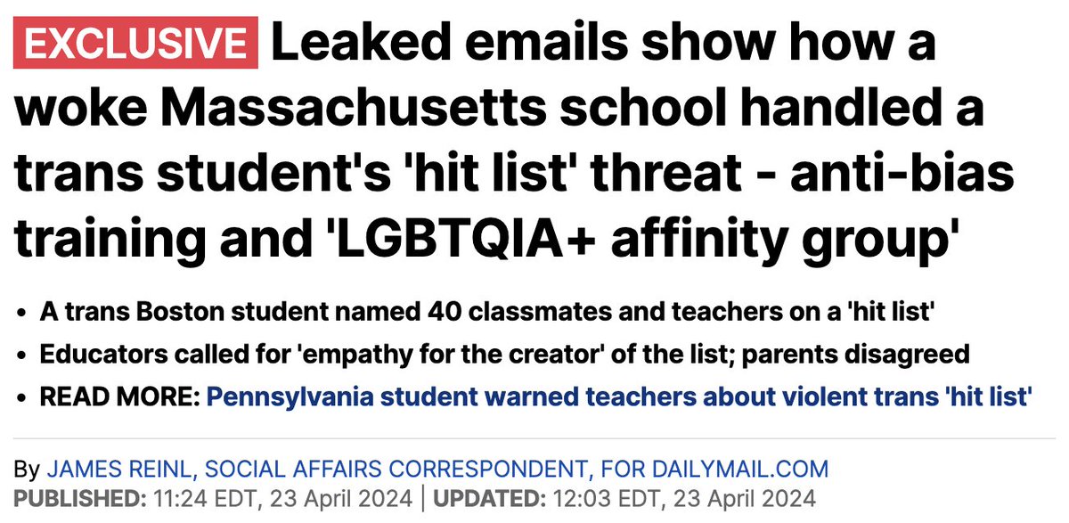 BREAKING: 'A records request has uncovered shocking emails of how an ultra-progressive Massachusetts school dealt with a transgender student who named 40 students and teachers on a 'hit list.' Watertown Public Schools, in the west Boston suburbs, did not expel the student.