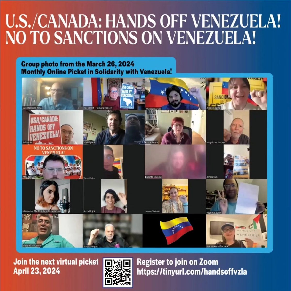 Join monthly Online Picket Action US/Canada #HandsOffVenezuela! April 23, 4pm Pacific time
Register: tinyurl.com/handsoffvzla w/Ana Gabriela Salazar <a href="/ArgosObInt/">ARGOS</a> <a href="/SuresDDHH/">Organización Sures</a>, Yhamir Chabur <a href="/Rojocolombiano/">Yhamir Chabur</a> &amp; William Camacaro <a href="/RojoCamacaro/">Williams Camacaro</a>
#vanpoli #cdnpoli #BidenLevantaElBloqueoYa