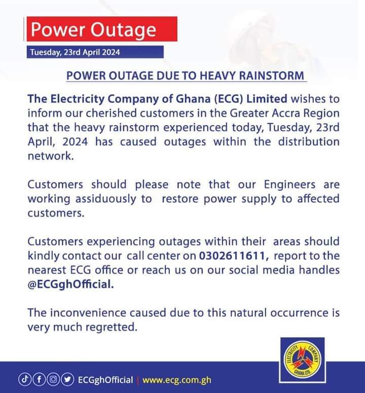 starr1035fm's tweet photo. The Electricity Company of Ghana (ECG) says power outage being experienced currently in some parts of Accra is due to the rainstorm this (Tuesday) morning.
#StarrTV #StarrNews https://t.co/WcxN9ZW0vz