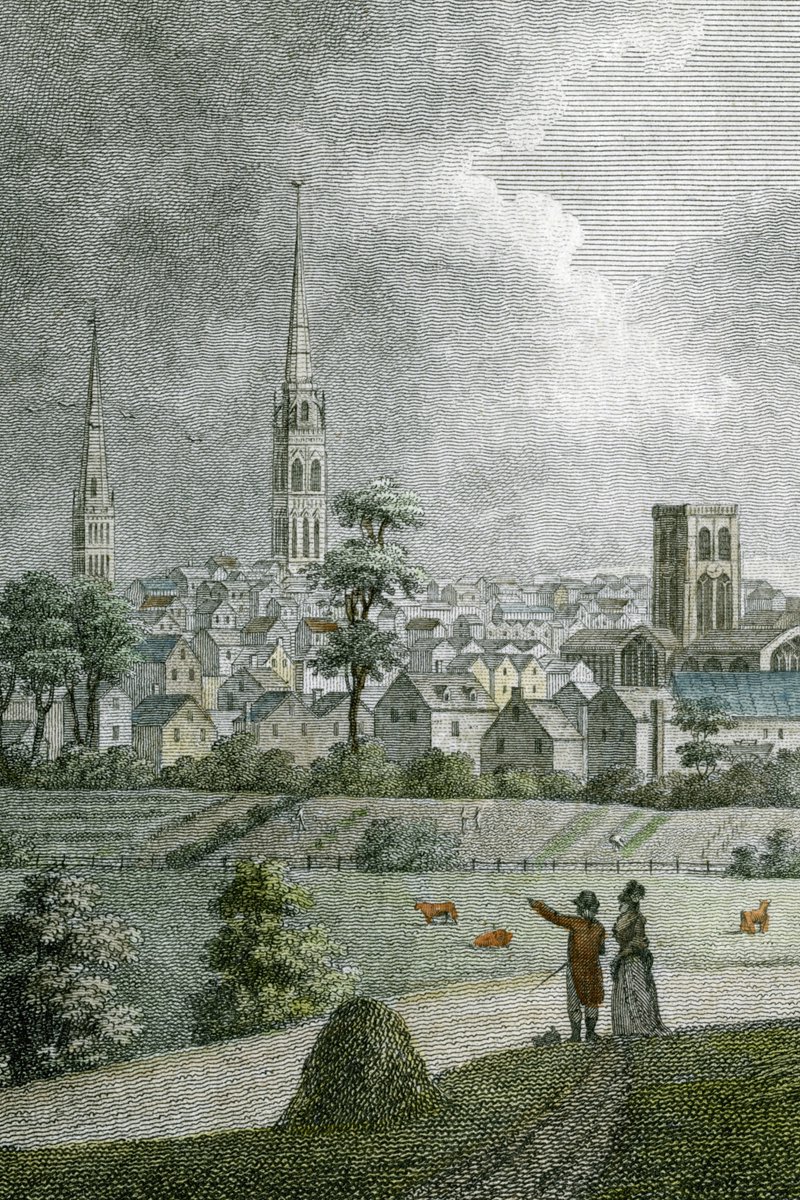 #Coventry #CoventryCathedral #18thCentury

Tall spire of Old Cathedral, destroyed in World War II, rises above city of Coventry, West Midlands, England, in late 1790s. Antique engraving:

redbubble.com/shop/ap/159296…
