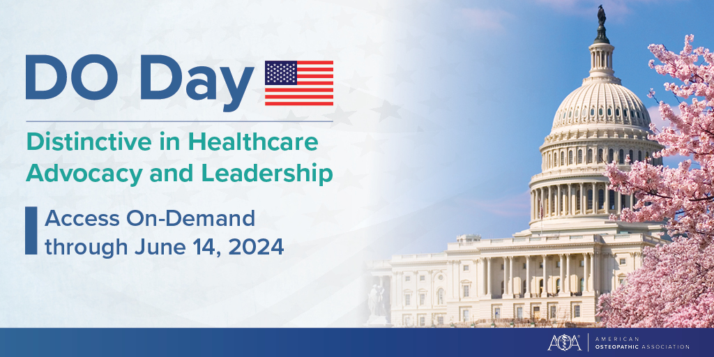 Register today for DO Day 2024 On-Demand, participate in the osteopathic profession’s most significant public policy and advocacy conference. Registration includes unlimited access to on-demand session recordings through June 14, 2024. Earn 12 CME credits! bit.ly/3JjXhxv