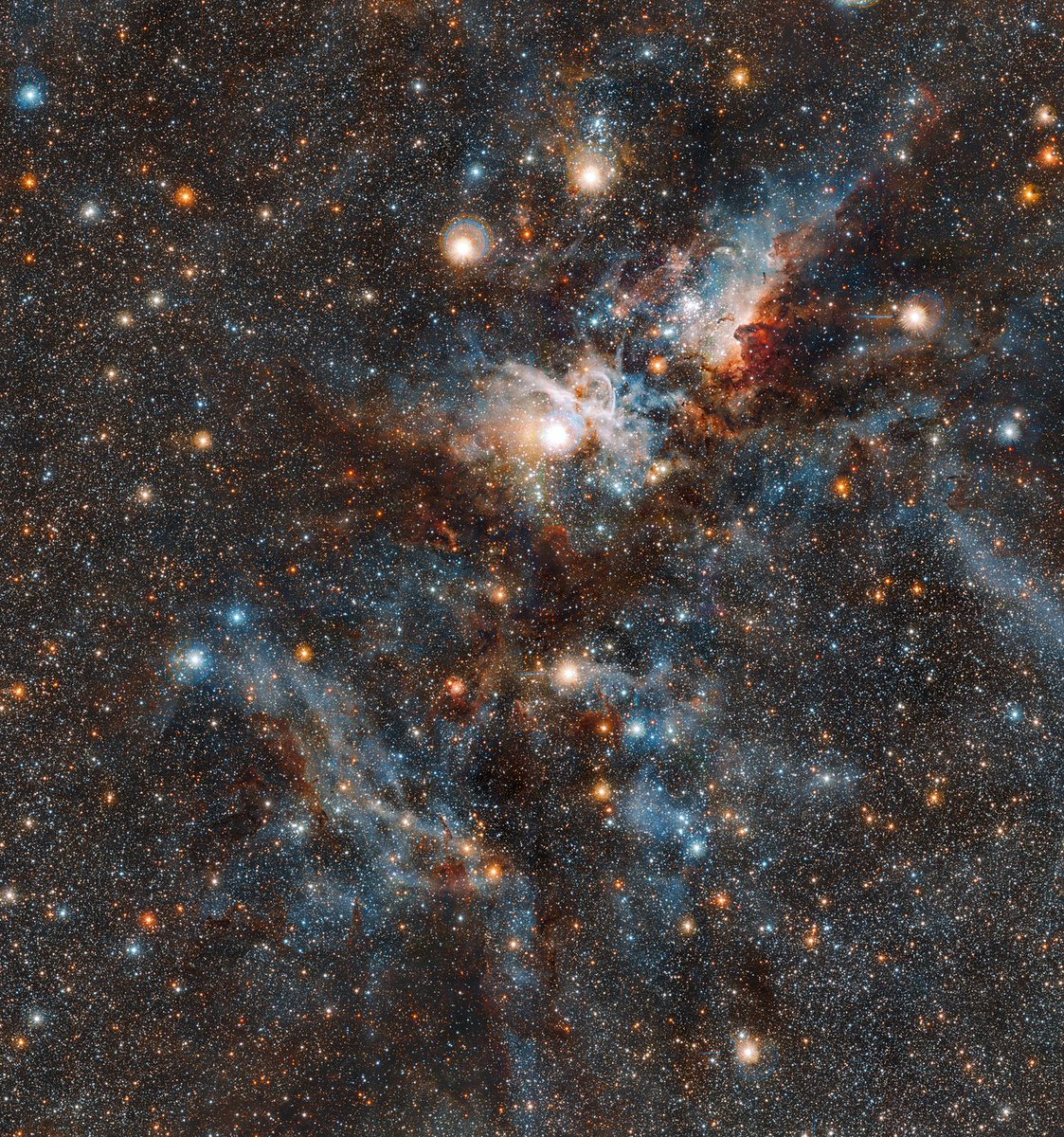Stunning: the Carina Nebula as seen in infrared light This spectacular image of the Carina nebula reveals the dynamic cloud of interstellar matter and thinly spread gas and dust as never before. (Credit: ESO/J. Emerson/M. Irwin/J. Lewis)