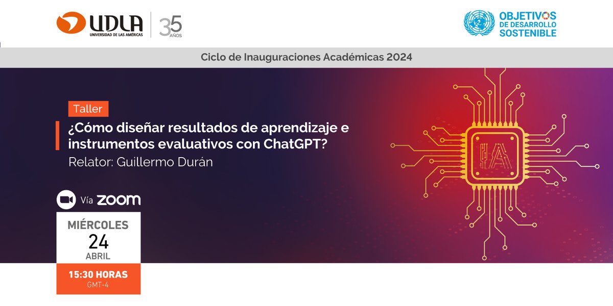 Taller gratuito de Inteligencia Artificial #IA impartido por UDLA para académicos de educación Superior: ¿Cómo diseñar resultados de aprendizaje e instrumentos evaluativos con ChatGPT?
📌Miércoles 24 de abril, 15:30 horas (GMT -4) vía Zoom.
👉Inscripción: lnkd.in/eypmjkvZ