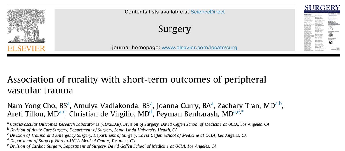 Our new #publication in @SurgJournal! Strong work by @NamYong_Cho, @amulyavad &team evaluating rural-urban disparities in peripheral vascular #trauma. Rurality was linked with: ⬆️ Limb amputation 🏥 Similar mortality & readmission Read the paper here 👇 sciencedirect.com/science/articl…