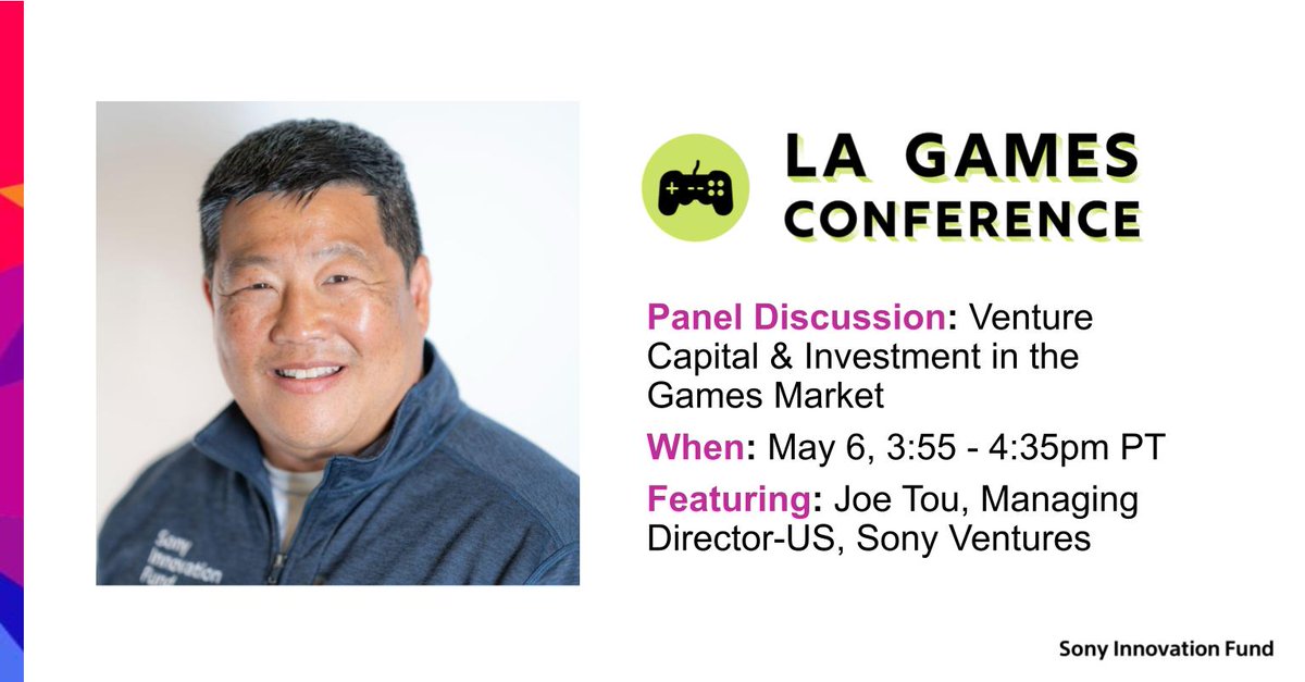 Sony_Innov_Fund's tweet photo. Attending #LAGamesConference today? Make sure to stop by the session, Venture Capital & Investment in the Games Market, featuring Sony Innovation Fund's Joe Tou from 3:55-4:35pm PT: https://t.co/O2tJwIQP9B. https://t.co/SjpteVM92r