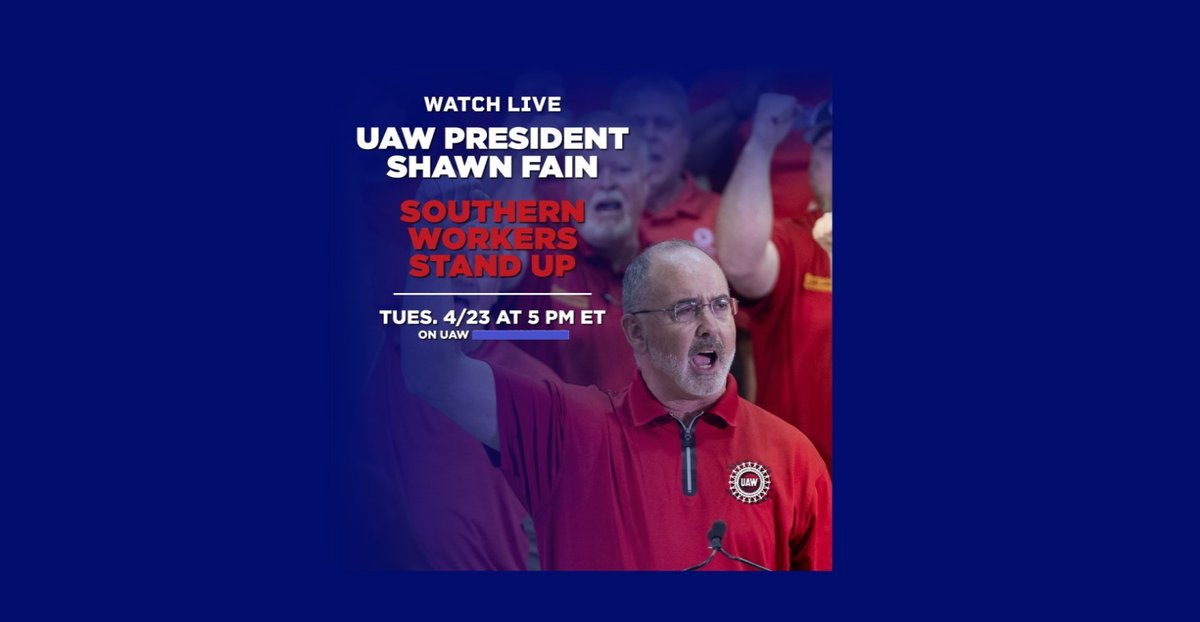 Southern workers are standing up! Tune in to hear President Shawn Fain discuss the workers' fight at Volkswagen, Daimler, Mercedes, and beyond. Watch on UAW!
tinyurl.com/southern-worke…
Tues., 4/23 at 5 pm ET. #StandUpUAW 
@uawshawnfain