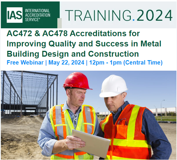 IntlAccredSvc's tweet image. Architects: Join IAS and AIA for a free webinar and learn about the importance of choosing accredited fabricators and contractors in the metal building industry. bit.ly/3IIlXzl #AC472 #AC478 #MetalBuildings #IASAccredited