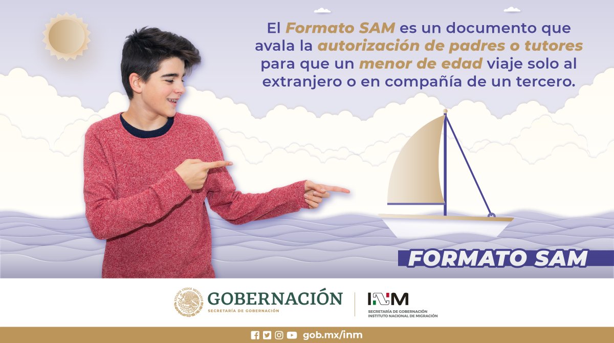 Con el formato #SAM 📄 del @INAMI_mx 🇲🇽 tus hijos #menores 👦👧🧒 de edad pueden salir al extranjero ✈️🌏 sin tu compañía.
#INMContigo 🤝 #MigraciónSegura ✅
Más información🔗 Bit.ly/3lHCOaH