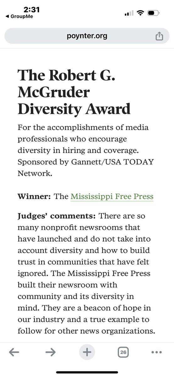 Just in! @MSFreePress won the Poynter Institute’s McGruder award for diversity. We are so proud. @DonnerKay @ashtonpittman