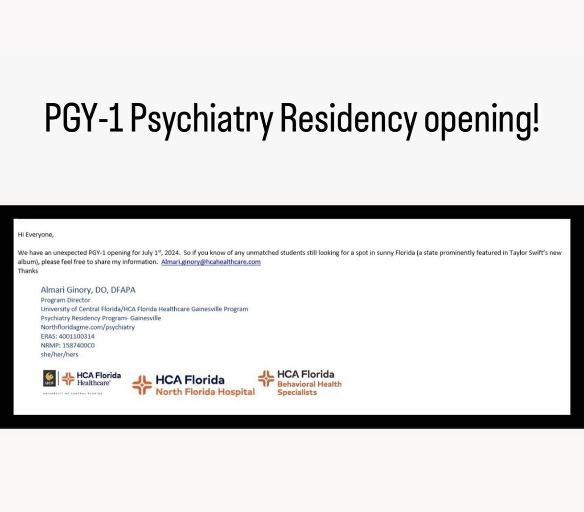 🚨Psych PGY-1 Opening!!! Florida!!
#psychtwitter #match2024 #MatchDay #match2025 #unmatched2024 #soap2024 #scramble2024 #img #ecfmg #ms4 #MedTwitter