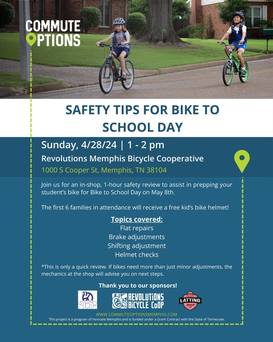 Join our friends from @CommuteOpsMem this Sunday, April 28th, from 1:00 - 2:00 PM at Revolutions Bicycle CoOp for a special Safety Tips for Bike to School Day review! If you're a seasoned cyclist or just getting started, learn essential safety tips! #BikeSafety #BikeToSchool