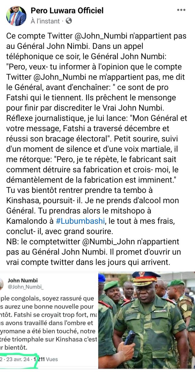 Le compte Twitter @John_Numbi n'appartient pas au Général John Numbi. Voici son message: