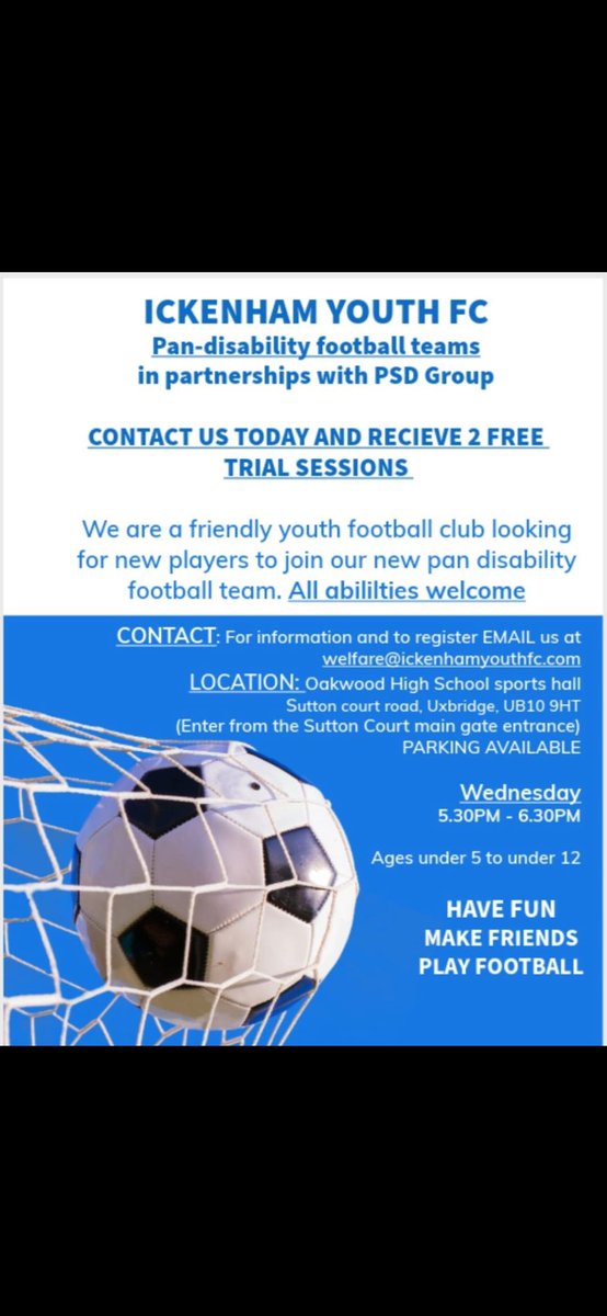 ickenhamyouthfc's tweet photo. A fantastic opportunity, encouraging ages under 5-under 12 to take part in pan-disability football sessions. Everybody is welcome! ⚽️ https://t.co/LDtM0kdRFy