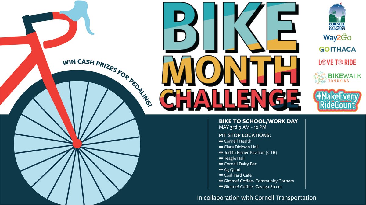 Join us as we celebrate Bike Month Challenge with exciting events. 🚲 🗓️ On May 3, for Bike to School/Work Day, pedal your way to prizes at our pit stops across campus and around Ithaca. See all events: scl.cornell.edu/coe/bike-month