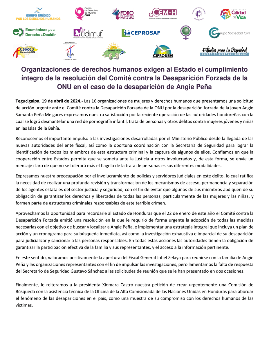 #COMUNICADO| Reiteramos a la Pdta. <a href="/XiomaraCastroZ/">Xiomara Castro de Zelaya</a> nuestra petición de crear urgentemente una Comisión de Búsqueda con la asistencia técnica de la <a href="/OACNUDHHN/">OACNUDH Honduras</a> para abordar el fenómeno de las desapariciones en el país, como una muestra de su compromiso con los DDHH de las víctimas.