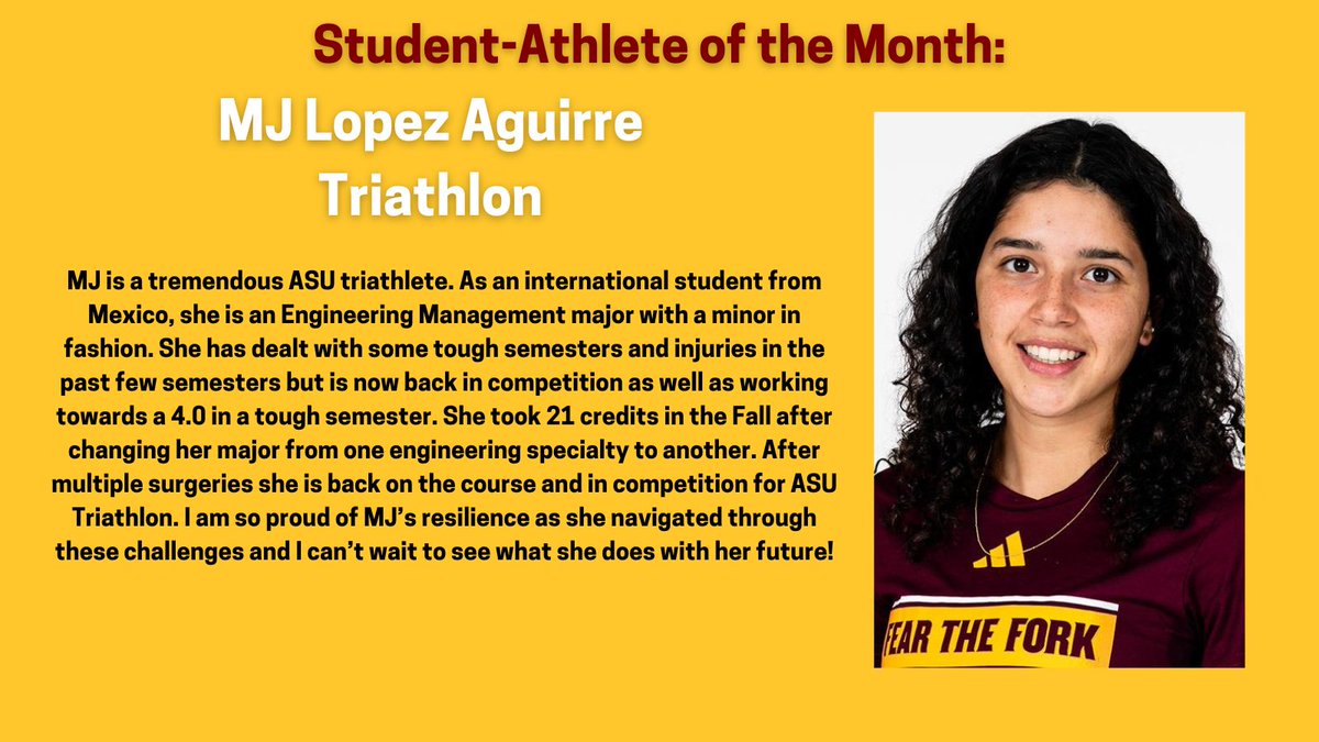 The next student-athlete we'd like to congratulate is MJ Lopez Aguirre from @sundeviltri! She is our Most Improved Female Student-Athlete of the Month! Your hard work and dedication is paying off, MJ! Congrats! @TheSunDevils #O2V!