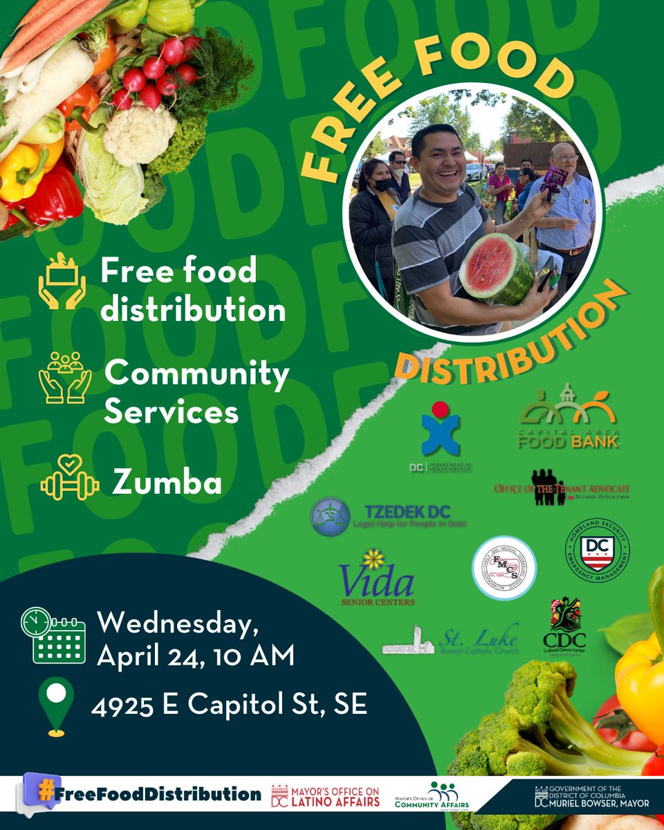 ¡Jornada de Distribución de Alimentos Gratuito! También puedes obtener acceso a servicios para la comunidad. Por favor lleva tu bolsa y comparte este mensaje. 🗓️ Miércoles, 24 de abril ⏰10 a.m. 🗺️ 4925 E Capitol St, SE #DCValues #SOMOSDC #MercadoEnTuBarrio #FreeFoodDistribution